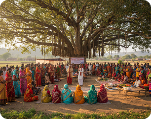 A village gathering seated under a banyan tree